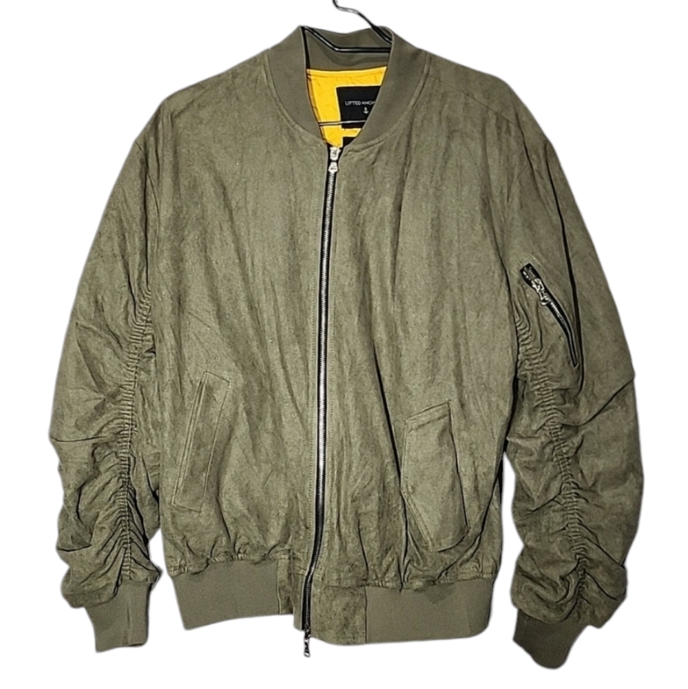 Lifted Anchors Mens Bird Neutral Green Suede Zip Up Bomber‎ Jacket Size L Large